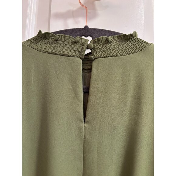 Nanette Lepore Olive Green Puff Sleeve Smocked Waist Ruffle Hem Dress Size 2 - Picture 6 of 6